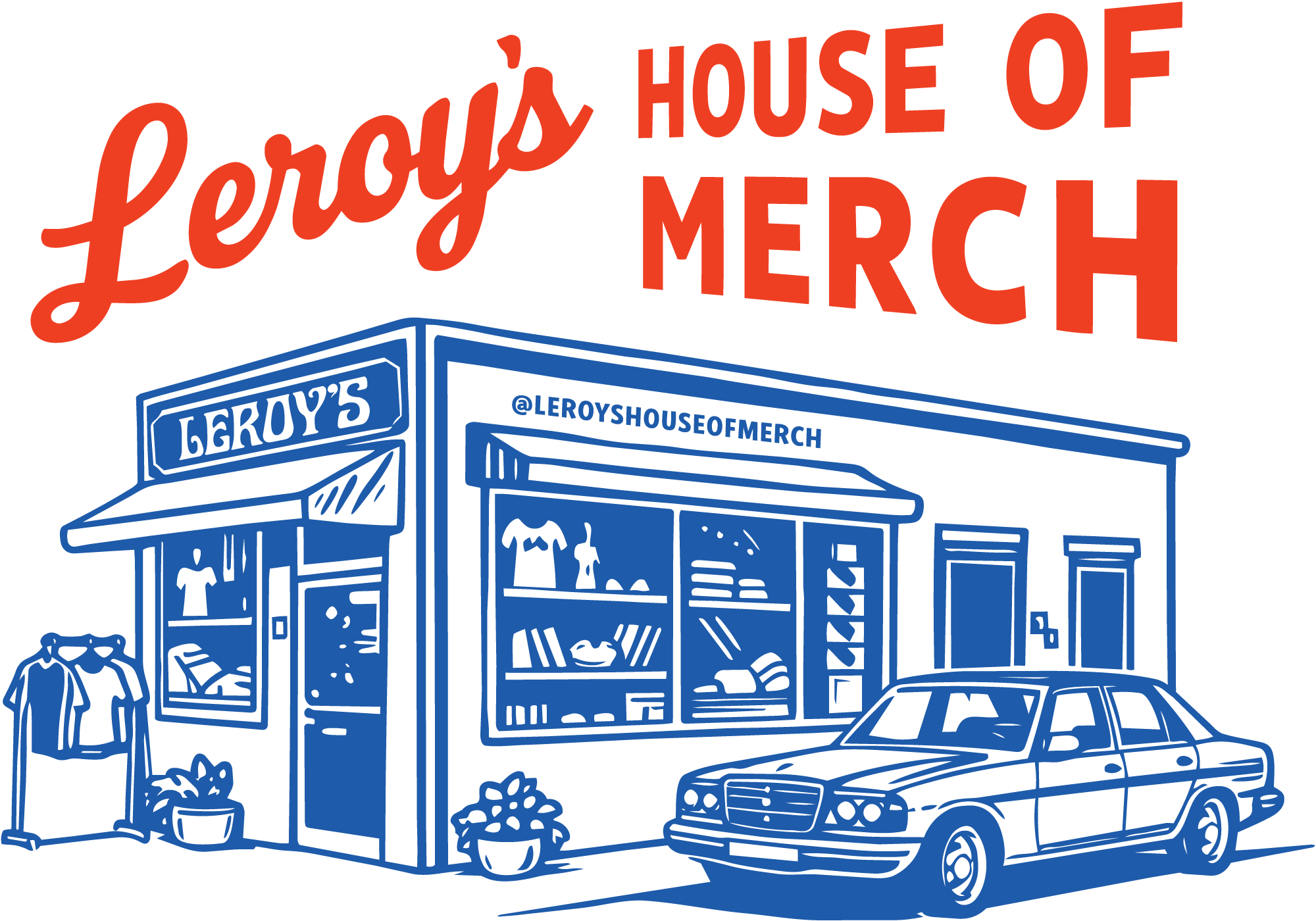 Leroy's House of Merch Logo Leroy's House of Merch logo with a small storefront and vintage Mercedes-Benz