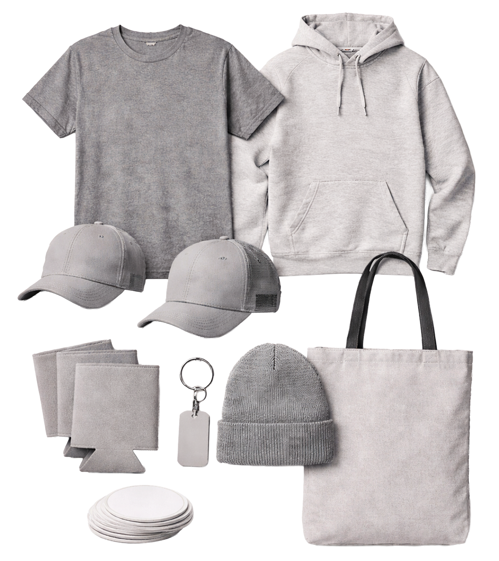 Leroy's House of Merch Logo Example merch lineup showing products for a small business